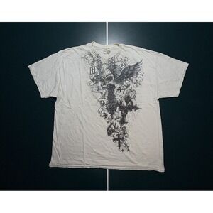 Vintage Y2K‎ Grunge Winged Skull T-Shirt Size Men's XXL 2XL White Crosses
